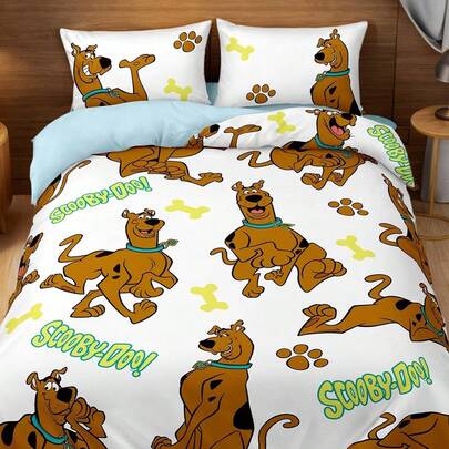SCOOBY-DOO X SHEIN 3Pc Full Version Puppy Printed Duvet Cover Set Quilt Cover Set, Sanded Material, Soft And Warm, Multiple Sizes, Suitable For Single Bed/Double Bed/Queen Bed/King Bed, Machine Washable