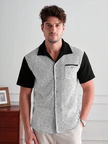 Core Aspect Men's Black & White Patchwork Knit Textured Casual Short Sleeve Shirt - Black and White - View 4
