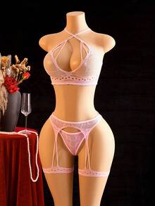 ChaseTheNight 3pcs Women's Sexy Solid Color Mesh Lingerie Set - Pink - View 4