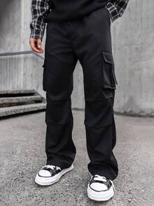 Artur Kramer Men Flap Pocket Side Drawstring Waist Oversize Cargo Pants Baggy Long Plain Black Going Out, Fall - Black - View 6