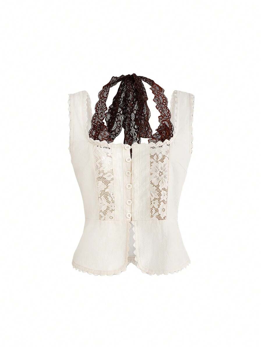 ROMWE Áo không tay nữ phong cách vintage lễ hội âm nhạc hippie boho chất liệu cotton ren phối màu tương phản - Màu be - Xem 1