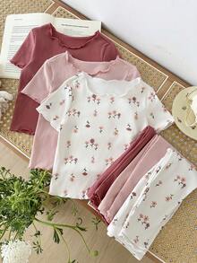 LMoss Kids LMoss 6件套女婴针织花卉荷叶边领休闲T恤和裤子家居服套装 女婴夏季服装 女婴服装套装 女婴服装套装 - 彩色 - 查看 5