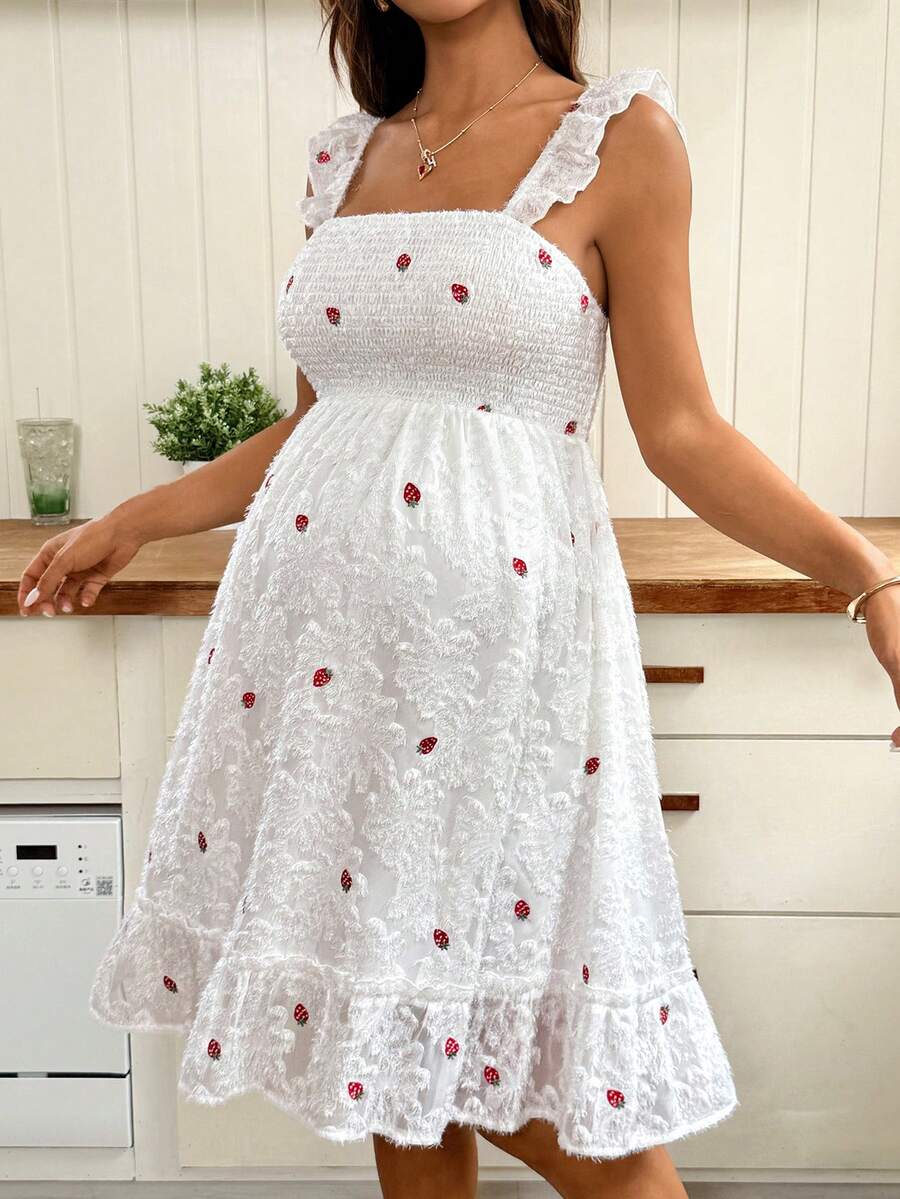 SHEIN 夏季孕妇优雅草莓刺绣荷叶边连衣裙 - 白色 - 查看 1