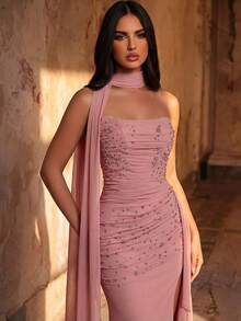 Glamrae Elegant Rhinestone Beaded Sexy Halter Elastic Ruched Halter Dress, Suitable For Wedding, Party, Prom, Banquet - Dusty Pink - View 1