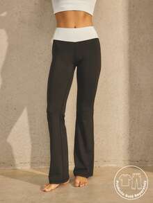 SHEIN Aralina-E 休闲运动女士低腰撞色腰带阔腿喇叭裤健身锻炼普拉提瑜伽裤 - 彩色 - 查看 8