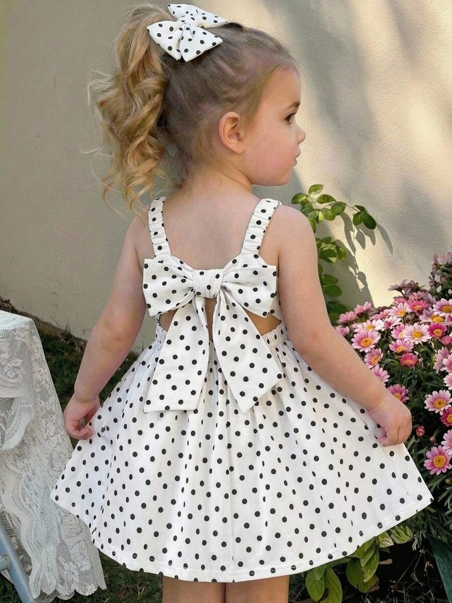 LMoss Kids 女婴可爱波点图案宽松吊带连衣裙，夏季 - 黑與白 - 查看 1