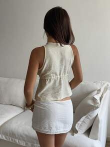 Áo khoác vest nữ mùa hè không tay, cổ chữ V, phối ren tương phản, dây rút eo, kiểu dáng thường ngày, thích hợp cho kỳ nghỉ. - Màu be - Xem 2