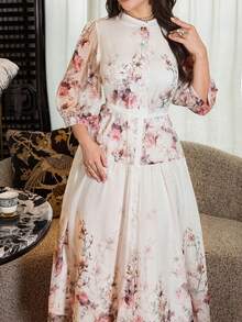 Modelyn 优雅系带印花立领长袖连衣裙，带纽扣，女士款 - 白色 - 查看 4