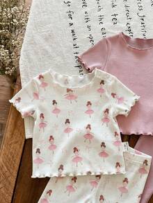 SHEIN LMoss Kids 新生女宝宝夏季休闲碎花荷叶边圆领短袖上衣和裤子四件套针织睡衣套装 - 粉色 - 查看 3