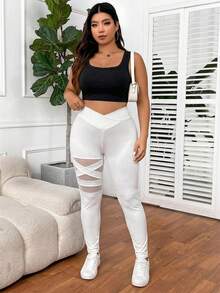 SHEIN PETITE CURVE Leggings básicos de unicolor para mujer de talla grande - Blanco - Ver 5