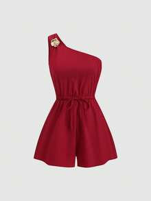 Sweetra Women's Spring/Summer Red Asymmetric Shoulder Metal Buckle Elastic Waist Jumpsuit, Comfortable & Versatile - Burgundy - View 3