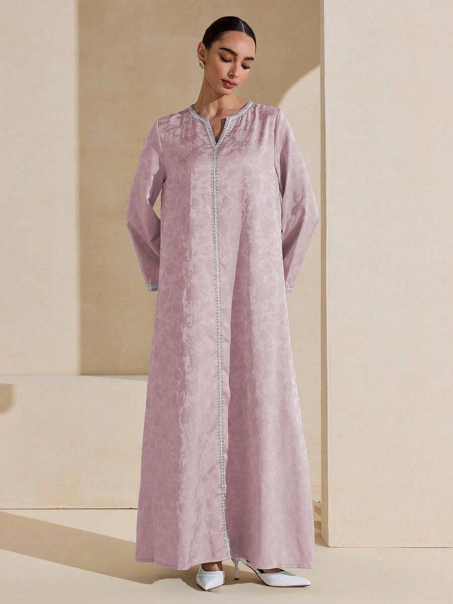 Graceveil Jacquard Fabric V-Neck Silver Ribbon Decor Loose Long Sleeve Elegant Luxurious Dress - Mauve Purple - View 1