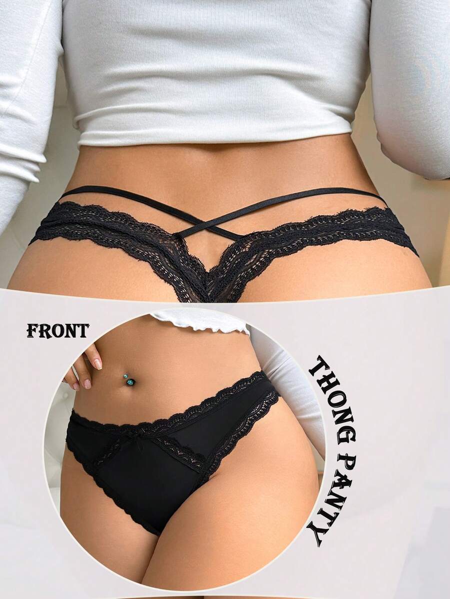 Seduluxe 1 pieza Tanga de encaje con parches para mujer de talla grande - Negro - Ver 1