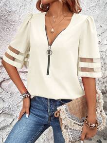 EMERY ROSE Camisa casual de malla y parches para mujer de vacaciones - Albaricoque - View 5