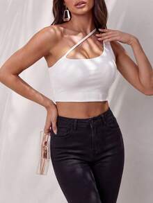 Glamine Top corto blanco de verano con un solo hombro, sin mangas y volantes, top sexy y chic para club, elegante atuendo hippie con flecos para cumpleaños, ropa de vacaciones y rave para mujeres, para mujeres de talla pequeña - Blanco - Ver 5