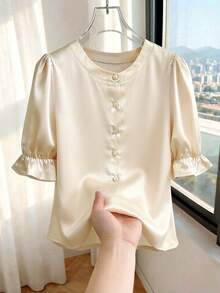 Franclia 's Elegant Summer Beige Satin Round Neck Button-Down Shirt,Pleated Puff Sleeves Soft Drape Relaxed Fit Blouse For Tea Party,Work,Holiday - Apricot - View 1