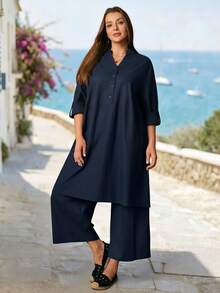 Rosumi 大码女式休闲纯色缺口领扣式卷边袖长款宽松上衣和阔腿裤两件套，春秋装，女式冬装，圣诞节，大码冬装优雅休闲 - 寶藍色 - 查看 9