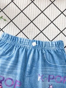 SHEIN 女童休闲牛仔布字母卡通人物印花半身裙 - 藍色 - 查看 7