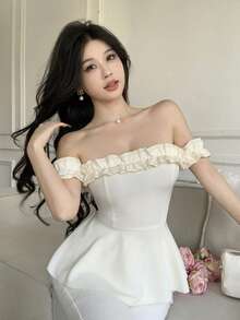 Celisse Women's Solid Color Ruffle Off Shoulder Elegant Sexy Blouse - Apricot - View 4