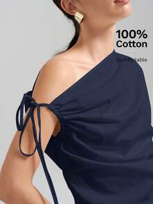 Ontre 女士纯色不对称肩部系带衬衫，适合都市通勤、商务休闲、优雅度假、派对和婚礼宾客等场合，夏季上衣 - 藏蓝色 - 查看 4