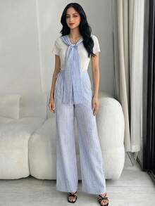 Modelyn Áo thun nữ kiểu khăn choàng kẻ sọc mùa xuân mới - trắng - Xem 2