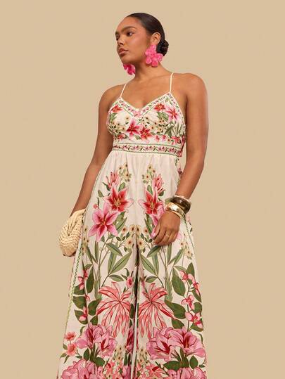 Travachic Bộ áo liền quần hở lưng in hoa cỡ lớn, phong cách thường ngày cho kỳ nghỉ.