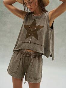 Bohemela 2pcs/Set Women Casual Solid Color Knit Loose Vest & Loose Shorts - Brown - View 6