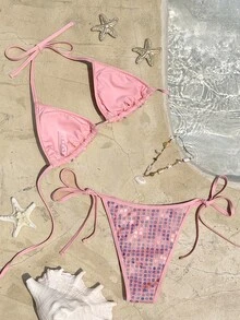 Bonvoyette 女士绿色亮片比基尼泳装，性感泳装，适合海滩、度假、约会、春夏穿着 - 粉色 - 查看 3