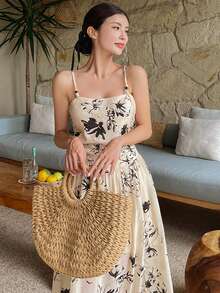 DAZY 女士印花褶皱休闲简约派对旅行长吊带连衣裙 - 米色 - 查看 4