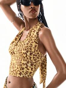Airlisse Women's Summer Y2k Sexy Vacation Vintage Leopard Print Strapless Backless Cropped Top Low Waist Shorts 2-Piece Set Music Festival Golf Party Outfit - Yellow - View 6