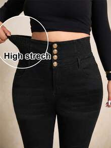 Elaquor Quần jeans nữ cỡ lớn dáng ôm, cài cúc phía trước, có túi, kiểu dáng thường ngày, đa năng. - màu đen - Xem 4