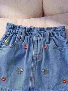 LMoss Kids Young Girl' New Fashion Boho Summer Vacation Casual Soft Cute Colorful Floral Embroidered Blue Denim Mini Skirt Spring Summer,For Kids Girls Spring/Summer Dailywear Outfits,Girls Streetwear Outfits,Beach Vacation Outfits For Girls ,Girls Summer Boho Outfits,Casual Clothes For Girls ,Elegant Skirt For Girls ,Toddler Skirt ,4-Year-Old Girls Skirt ,Summer Skirt ,Casual Skirt,Flower Skirt - Light Wash - View 5
