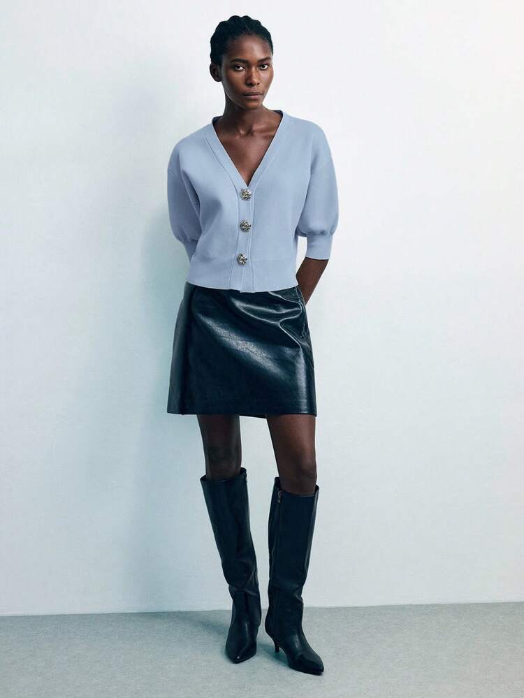 SHEIN Maija Women's Solid Color Front Button Short Knit Cardigan, V-Neck Design Minimalist And Versatile, Suitable For Casual, Office Commute And Various Occasions. Rose Button Embellishment Adds Fashionable Details, Can Be Worn For Concerts, Parties And Other Special Events, Also Suitable For Daily School And Work. Unisex Versatile Fit, Can Be Worn Alone Or Layered With Shirts And Undershirts, Easily Compatible With Business Casual, Campus All-Match, Travel And Gathering Styles, A Practical And Fashionable Essential Item In The Wardrobe