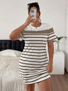SHEIN Frenchy Plus Size Women Striped Round Neck Short Sleeve Casual Dress - Brown - View 4