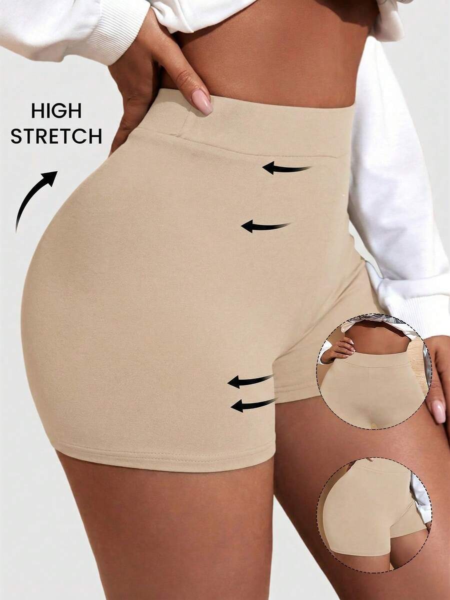 SHEIN SXY Quần short bó sát màu đen cạp rộng dành cho người đi xe máy, thích hợp cho mùa xuân và mùa hè. - Màu be - Xem 1