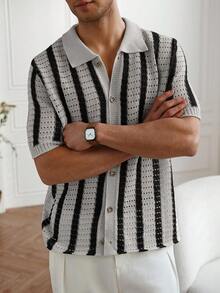 Manfinity CityGents Camisa masculina listrada de manga curta e abotoamento simples em malha. - Multicolorido - Ver 4