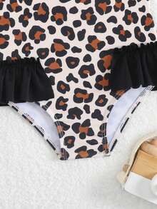 SHEIN Baby Girl Leopard Print Colorblock Bow Decor One-Piece Swimsuit, Beach/Resort Style - Multicolor - View 4