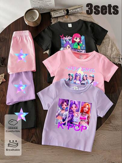 Bộ 6 món đồ cho bé gái, phong cách thường ngày, sáng tạo, cá tính, tươi mới, dễ thương, tối giản, in hình ngôi sao và chữ cái, họa tiết nhóm nhạc nữ ảo, thích hợp cho mùa xuân, hè và thu, màu tím, đen, hồng, thoải mái khi mặc hàng ngày, phong cách mùa hè ấm áp.