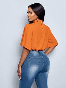 SOLERSUN Women's Spring And Summer Solid Color Fashion Casual Elegant Daily Simple Ruched Mock Neck Ruffle Sleeve Shirt Casual Daily Wear - Orange - View 2