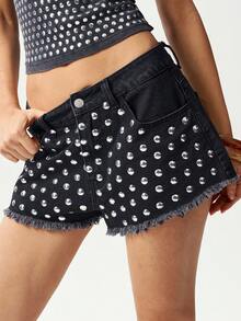Bohemela Women's Summer Black Polka Dot Boho Night Out Denim Shorts,Handmade Sequin Detailing Distressed Bling Studded Rave Shorts For Y2K Festival Vacation - Black - View 3