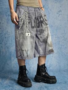 ROMWE MEN Street Life Quần short denim nam phong cách thường ngày đường phố, họa tiết dây xích và chữ cái, thích hợp cho mùa hè. - Màu xanh lam - Xem 4