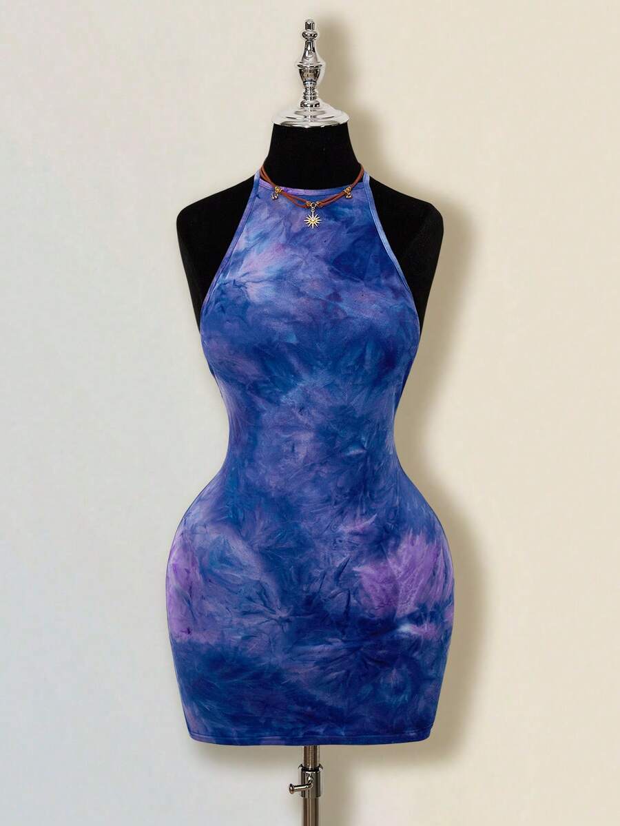 SHEIN ICON Tie-Neck Bodycon Backless Tie-Dye Mini Dress,Summer Dresses For Women - Multicolor - View 1