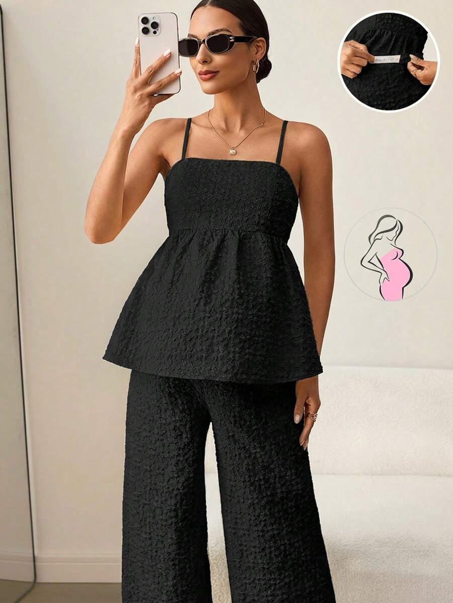 MaterniWear Maternity Summer Solid Color Jacquard Ruffle Hem Camisole And Pants 2 Pieces Set - Black - View 1