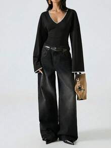 LYSMO Áo sơ mi nữ thuộc dòng sản phẩm dành cho kỳ nghỉ và các dịp đặc biệt, chất liệu 95% cotton, màu đen thêu họa tiết, viền trắng, cổ chữ V, tay loe tương phản - Kiểu dáng thoải mái, tối giản, thanh lịch, phù hợp cho mùa xuân, đi làm, lễ hội, lễ tốt nghiệp, hẹn hò, tiệc tùng và dự đám cưới. - màu đen - Xem 7