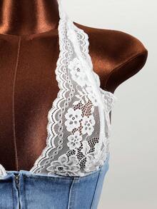 SHEIN Áo kiểu denim cổ yếm phối ren tương phản, khóa kéo phía trước dành cho nữ, trang phục nữ, phong cách Y2K. - Màu xanh lam - Xem 5