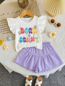 SHEIN 2件套女童圆领泡泡袖T恤+“Born Bright”彩虹标语+花卉装饰+抽绳叠层短裤，活力舒适，适合户外玩耍、日常穿着和休闲聚会的夏季套装。 - 白色 - 查看 1
