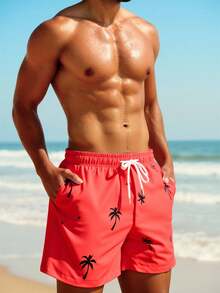 Manfinity KASUA Men's Palm Tree Print Drawstring Waist Pocket Beach Shorts - Red - View 6