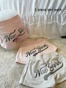 INAWLY Quần short nữ in chữ, cạp chun, kiểu dáng thường ngày. - Màu Xám nhạt - Xem 1