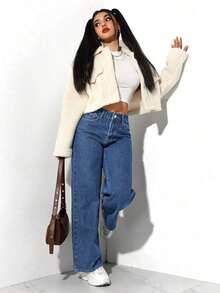 Plus Size Women Loose Fit Pockets Wide Leg Casual Jeans - Dark Wash - View 5