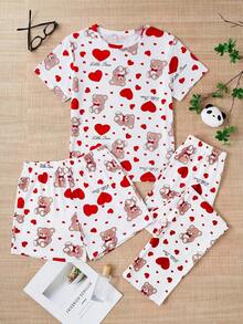 SHEIN Cotton Line 女士可爱卡通熊爱心印花红色休闲短袖圆领上衣+长裤+短裤三件套睡衣套装 - 紅色 - 查看 1